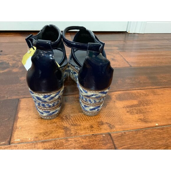 Tory Burch Navy Blue Patent Leather Tribal Espadrille Jute Wedge Sandals Size 9 - Picture 6 of 7